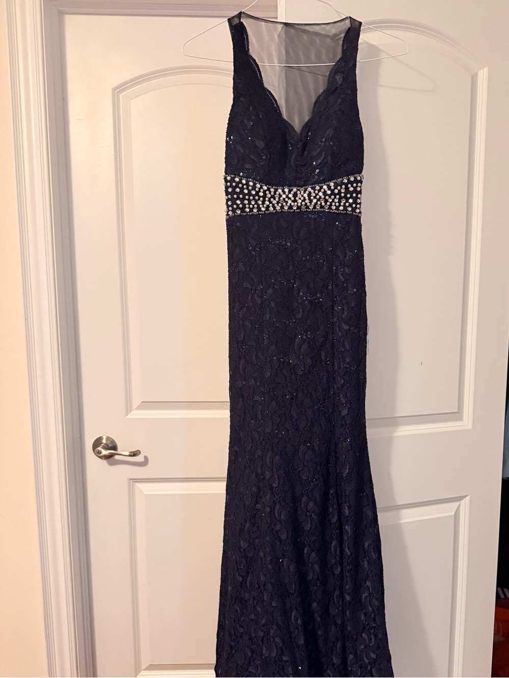 My Michelle Navy Lace Prom Dress with Beaded Waist